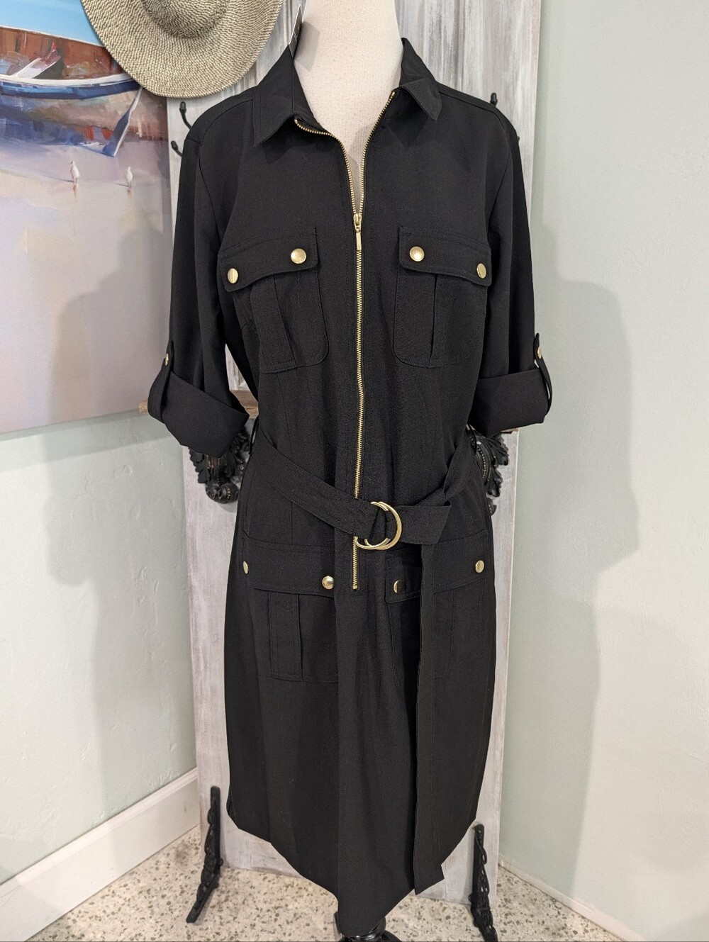 NWT Sharagano Black Utility Shirt Dress with Gold Hardware